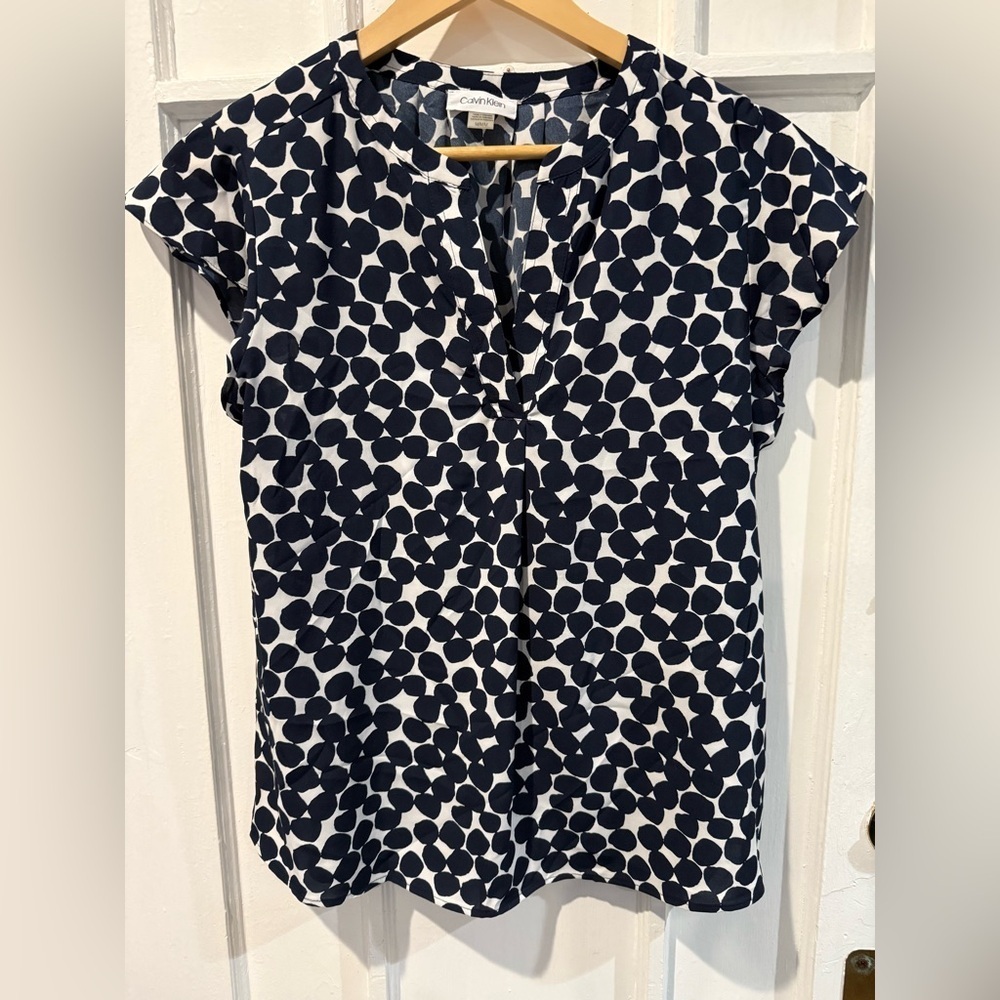 Calvin Klein Navy and White Polka Dot Blouse
